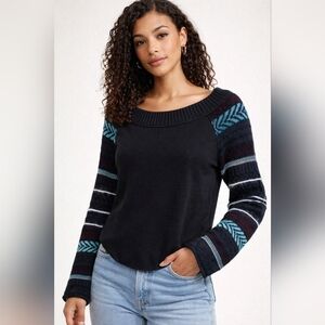 Free People Black Patterned Knit Sweater | Size S | Boho Statement Sleeve | NWT